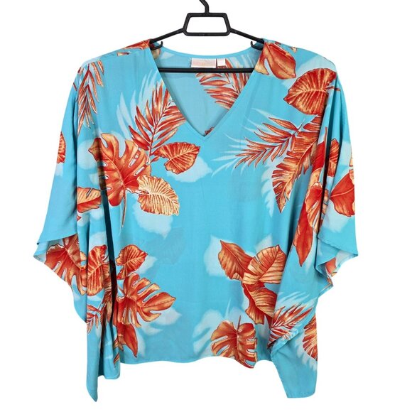 Womens Belle Kim Gravel Blue Orange Leaf Print Blouse V Neck Polyester Size XL - Picture 1 of 7